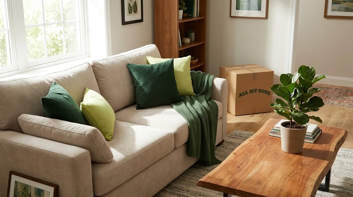 Professional lifestyle photography of a cozy, inviting, newly settled living room. The room features a comfortable, plush neu