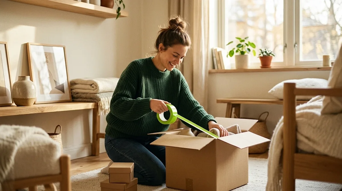 High-quality candid lifestyle photography of a warm, inviting home interior being organized and refreshed for the new year. A