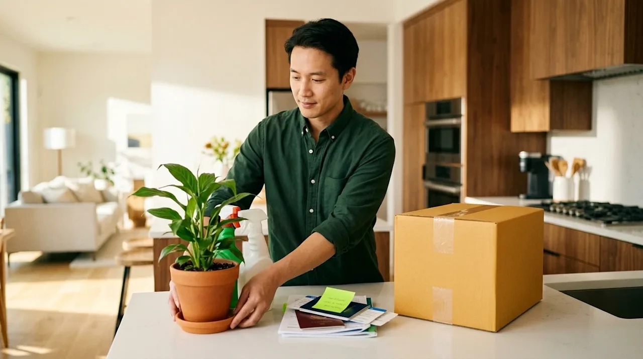 Professional lifestyle marketing photography, full bleed, no borders. A brightly lit, modern home interior with warm wood fin