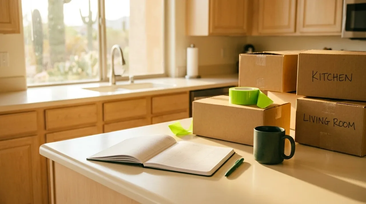 A warm, sunlit lifestyle photograph capturing preparation for a summer move in Tucson. On a smooth cream-colored kitchen coun