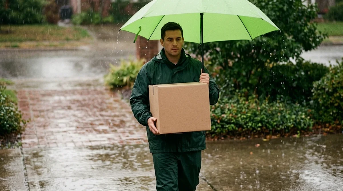 Cinematic lifestyle photography of a professional mover carefully transporting a kraft brown moving box through a rainstorm,