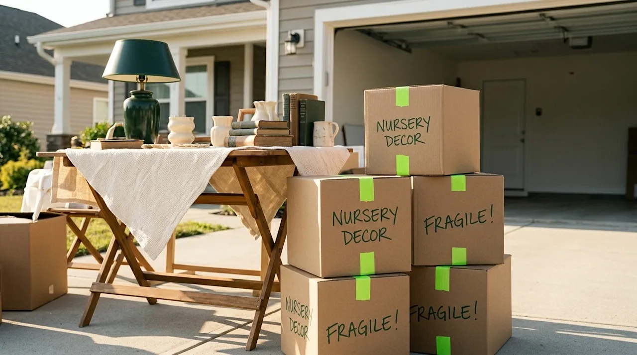 High-quality candid lifestyle photography of a neatly organized garage sale in a sunlit driveway, capturing a warm, inviting,