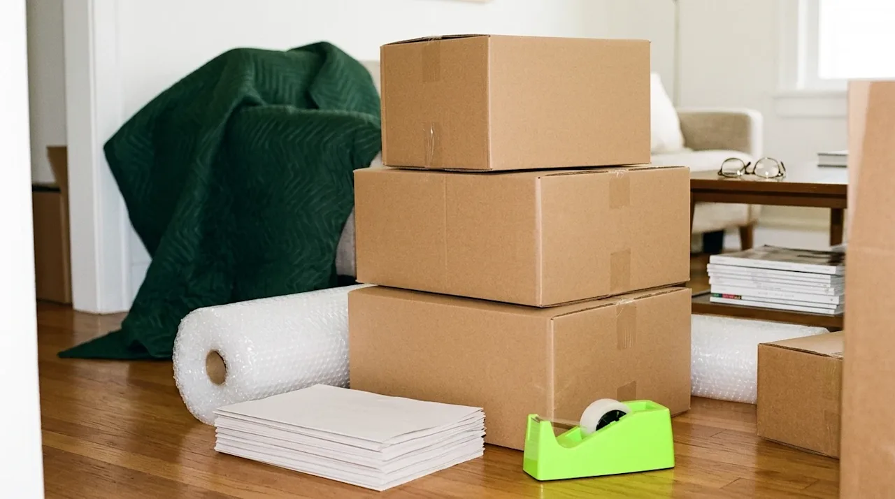 A candid, warm lifestyle photograph of moving boxes and packing supplies inside a brightly lit home interior. The composition