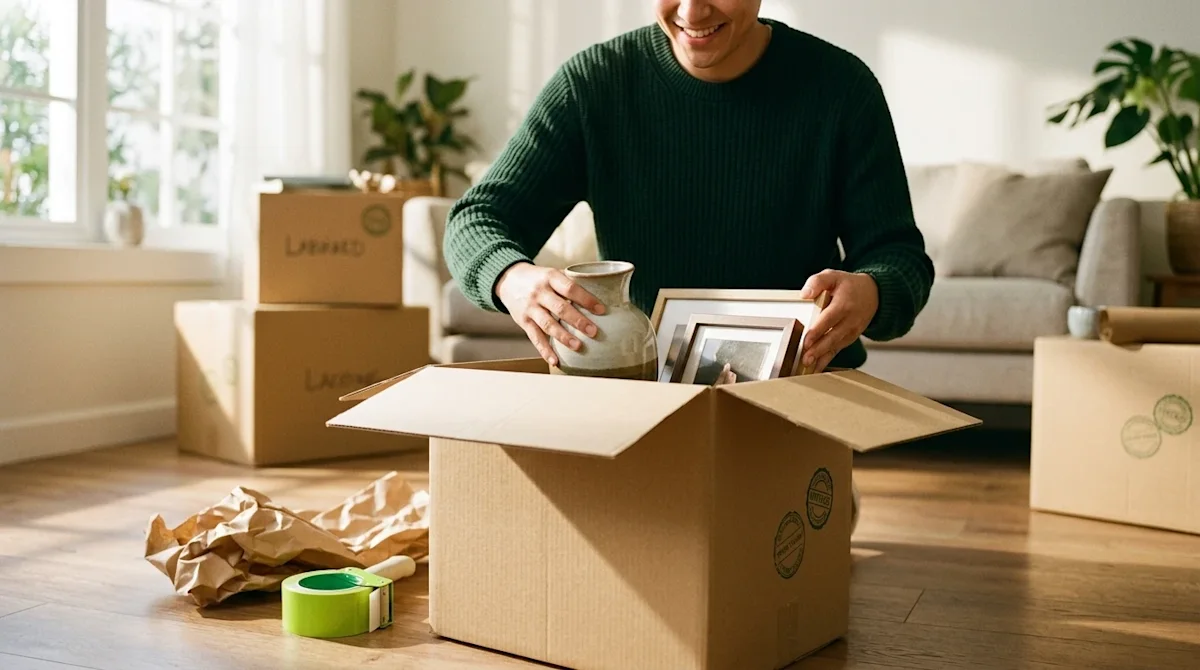 Candid lifestyle photography of a stress-free moving day, perfect for a blog hero image. A smiling person is carefully packin