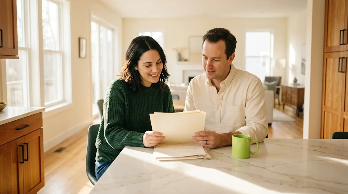 Professional marketing photography, edge-to-edge image with no borders or frames. A relaxed, happy couple sitting at a modern