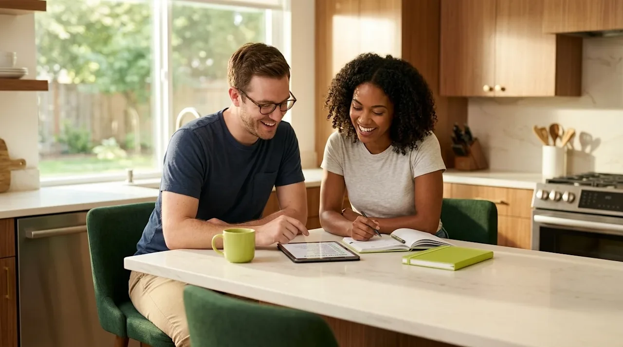 Clear, professional marketing photography of a couple sitting together at a bright, clean kitchen island in a modern, sunlit
