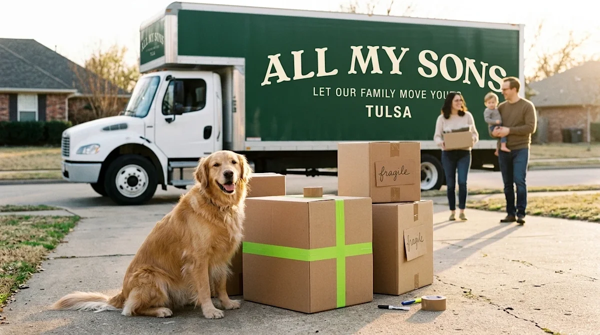 A candid, heartwarming lifestyle photograph of a family preparing to move to Tulsa with their pet. In the foreground, a happy