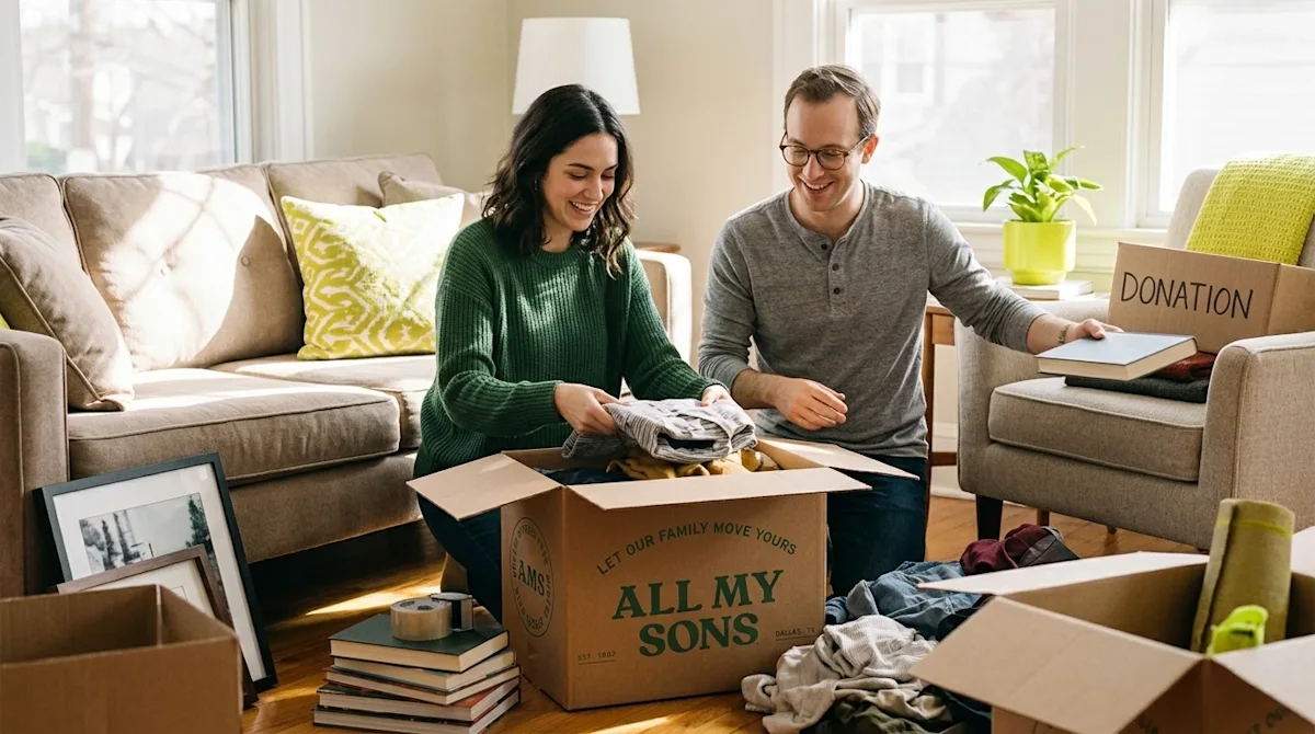 A candid, realistic photograph of a young couple in a cozy, sunlit living room, actively decluttering and downsizing their be
