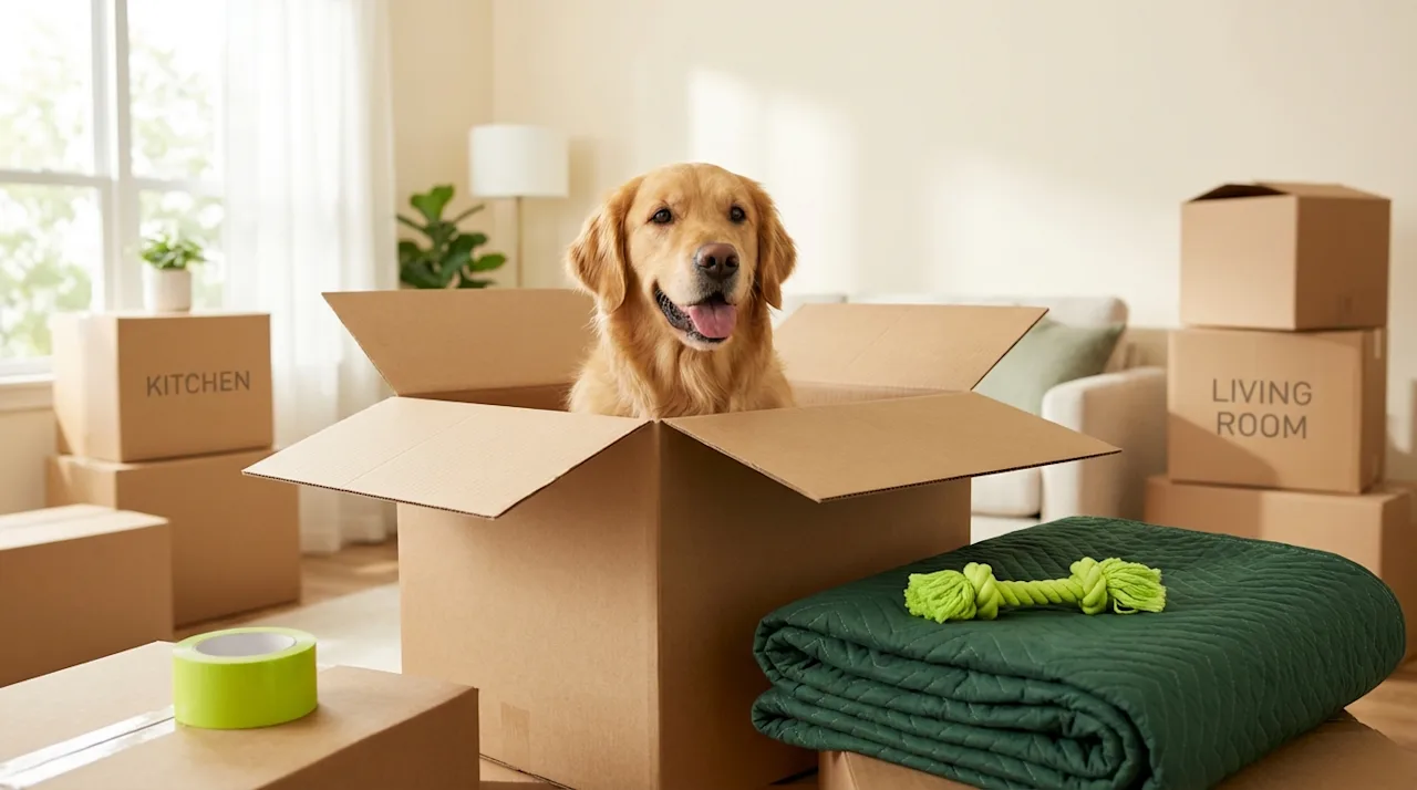 Happy golden retriever sitting in an open moving box with green packing supplies, illustrating moving with pets.