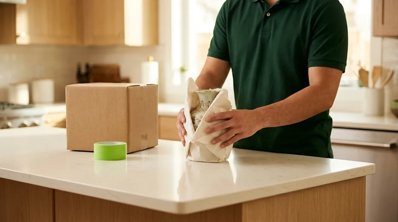 Professional marketing photography, lifestyle shot of a person carefully wrapping a fragile, delicate ceramic vase with off-w
