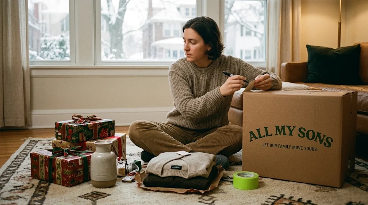 Candid documentary-style photography, 35mm film aesthetic with warm nostalgic tones. A person sitting casually on a living ro