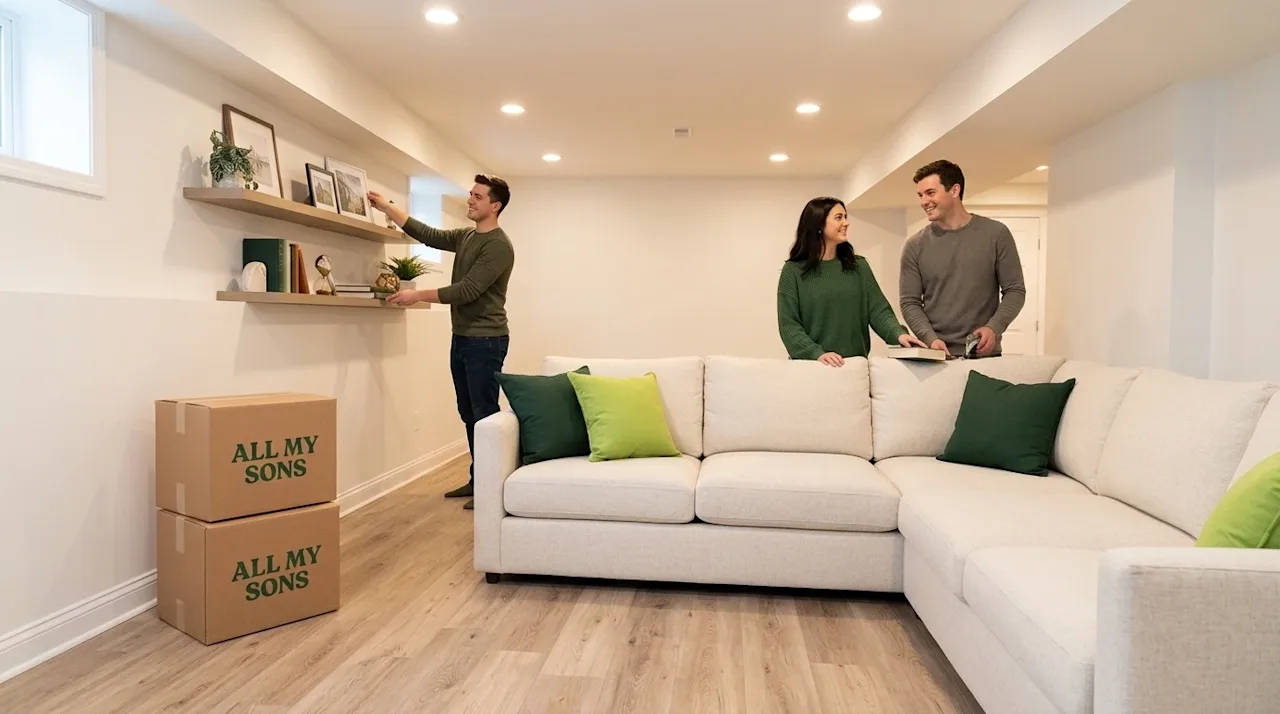 Professional marketing photography of a beautifully transformed, modern basement living space. A young couple is happily sett