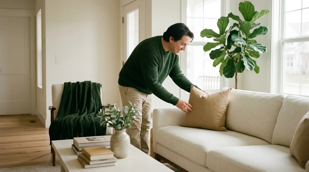 Candid, authentic 35mm film photography of a homeowner happily staging their bright, clean living room for an open house. The