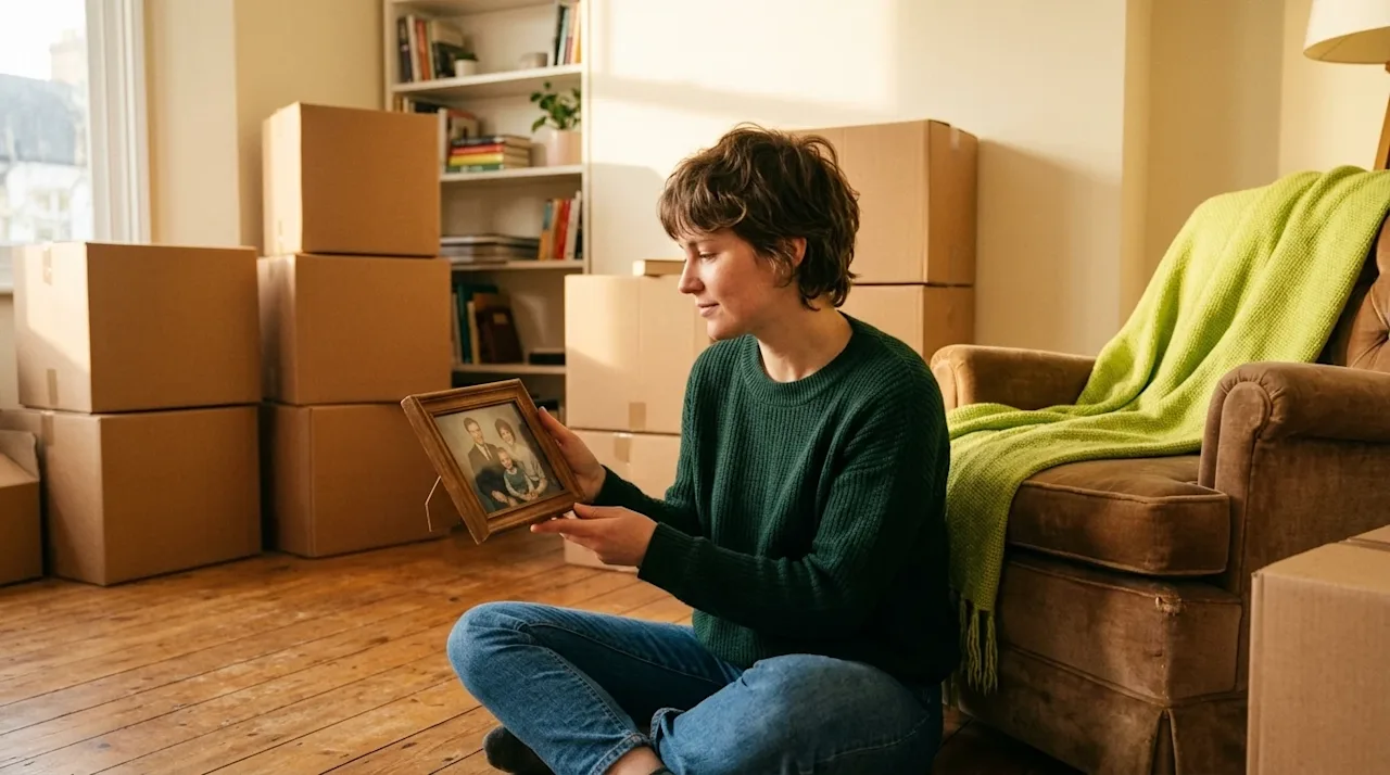 A candid lifestyle photograph of a person sitting on a warm wooden floor in a partially unpacked living room, conveying a tho