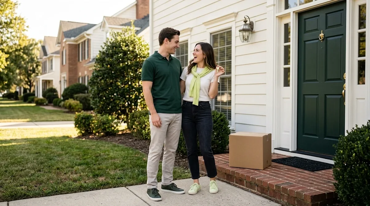 Clear, professional lifestyle marketing photography. A joyful young couple standing on the front walkway of a beautiful, welc