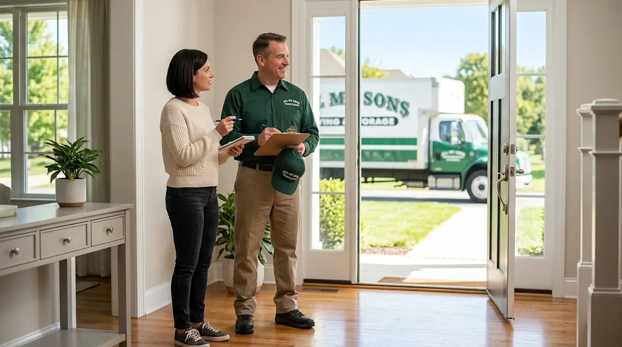 High-quality commercial photography of a friendly, professional full-service mover in a clean uniform standing in the entrywa