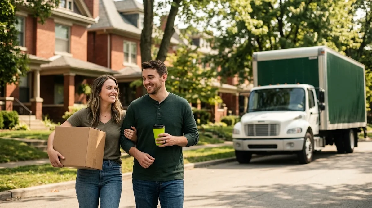 Candid lifestyle photography of a happy young professional couple walking down a vibrant, tree-lined street in a trendy, hist
