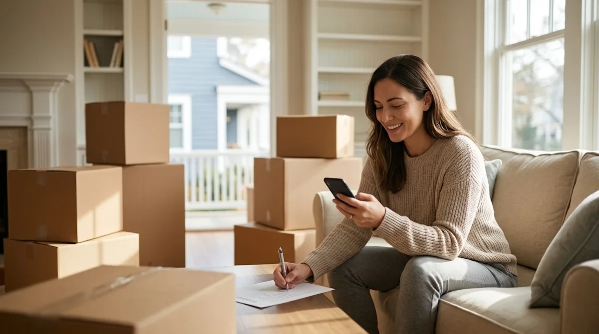 Professional lifestyle photography of an organized homeowner sitting comfortably in a bright, sunlit living room surrounded b