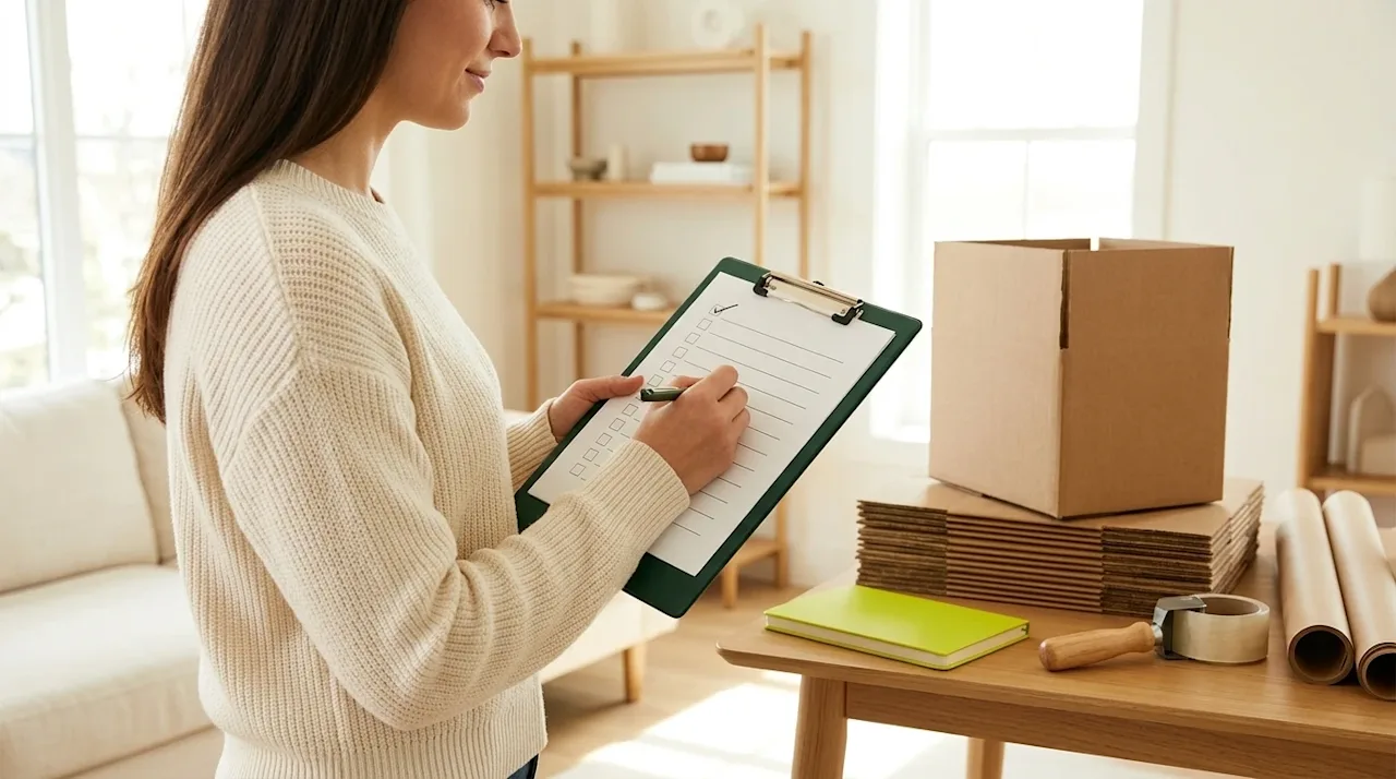 Professional marketing photography of a well-organized preparation process for a residential move. A person stands in a brigh