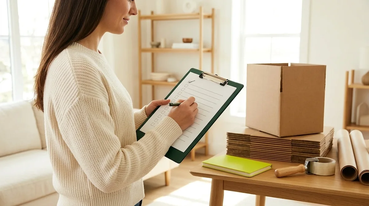 Professional marketing photography of a well-organized preparation process for a residential move. A person stands in a brigh