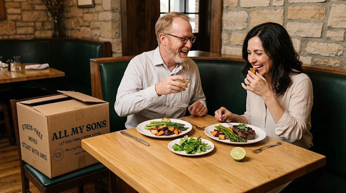 Candid, warm lifestyle photography of a happy couple enjoying a celebratory dinner at a cozy, upscale rustic restaurant in Om