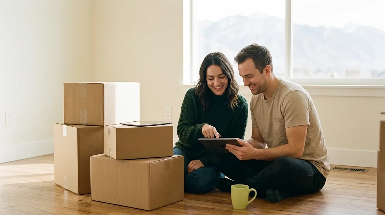 Authentic lifestyle photography of a happy young couple sitting on the hardwood floor of a bright, newly purchased home. They