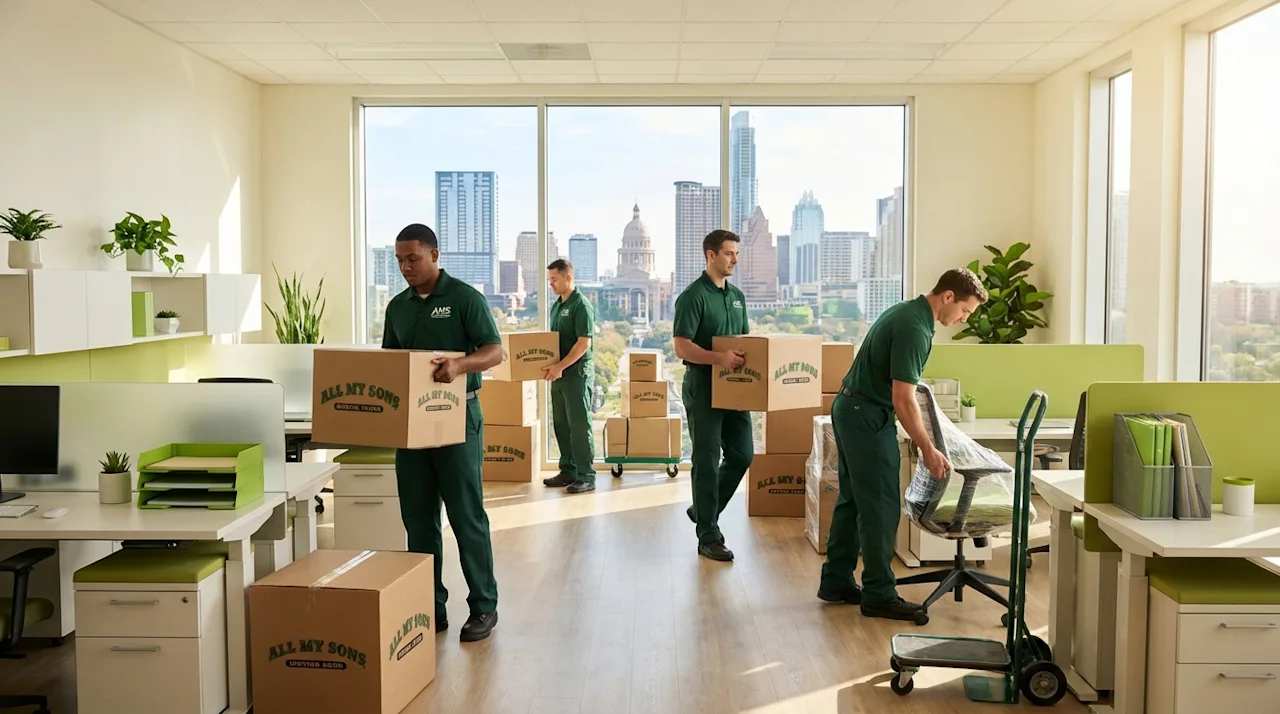 All My Sons commercial movers relocating a modern office with the Austin skyline visible through windows