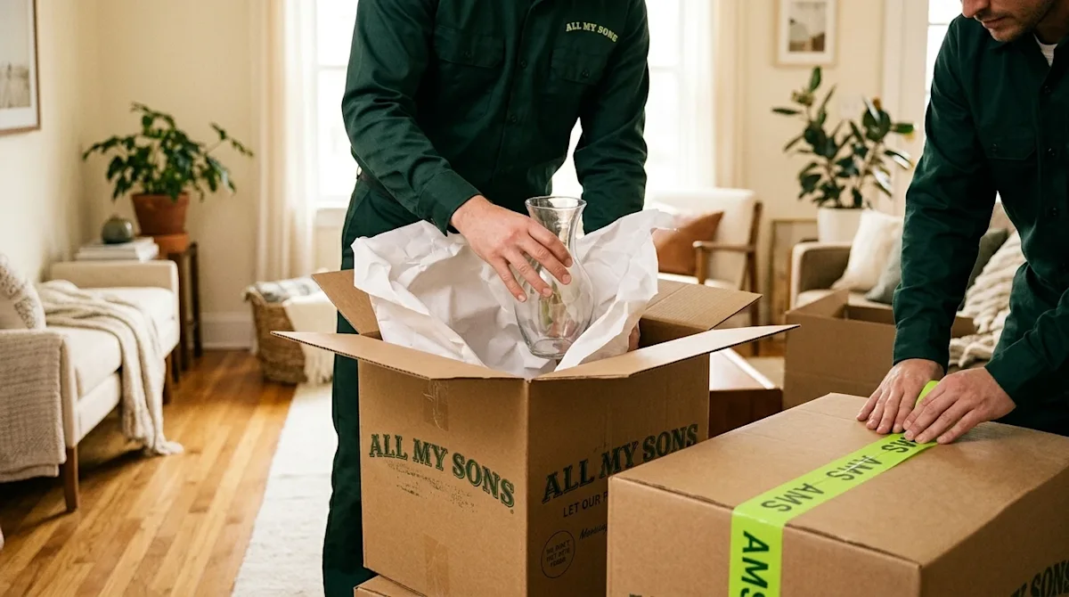 A candid, high-quality photograph of two professional movers providing full-service packing in a cozy, sunlit living room. Th
