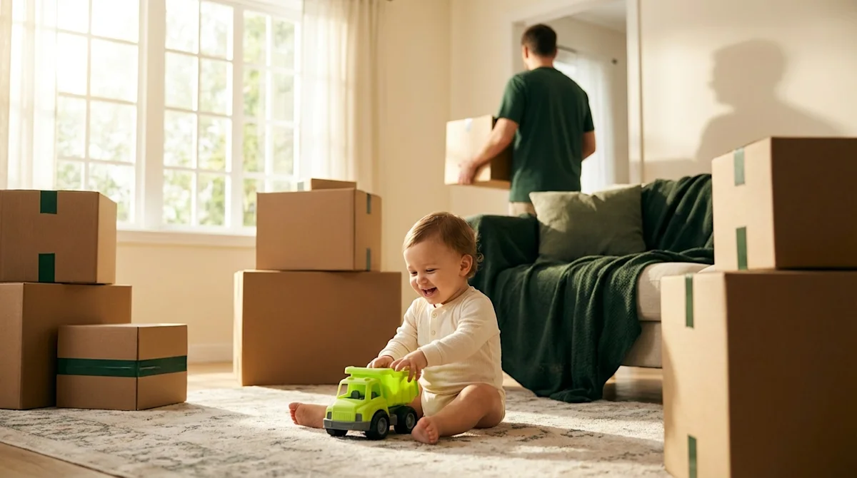 Happy toddler plays with toy truck among moving boxes in a sun-lit living room during a family home relocation.