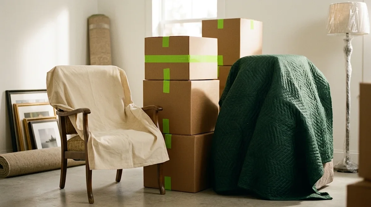 A high-quality commercial photograph showing an organized collection of household items properly prepared for long-term stora