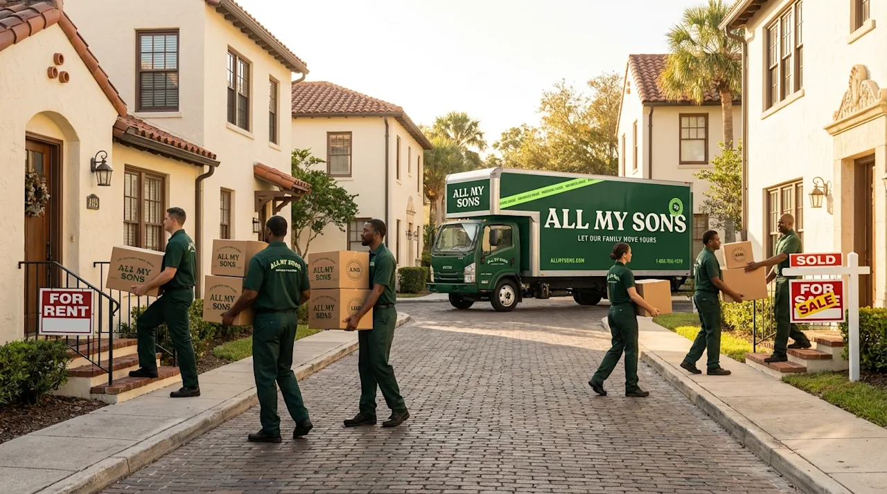 All My Sons movers carrying boxes in a St. Augustine neighborhood illustrating the journey of renting versus buying.