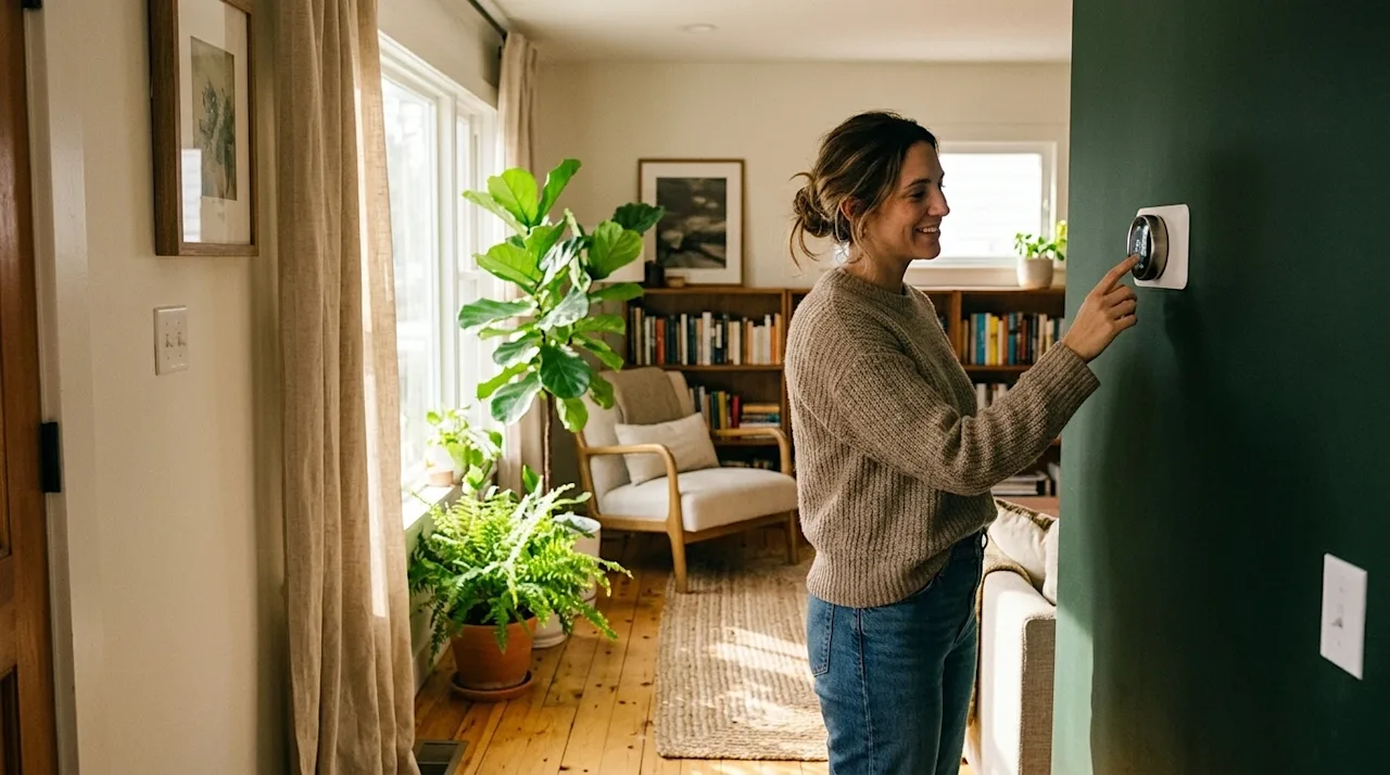 Candid lifestyle photography of a relaxed homeowner in a cozy, sunlit living room adjusting a modern smart thermostat on the