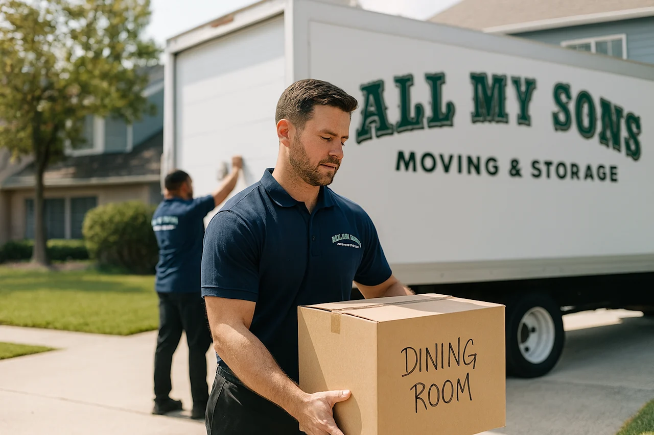 Two professional All My Sons Moving & Storage movers carefully handle a labeled 'DINING ROOM' box near their truck, ensuring a stress-free residential move for your family.