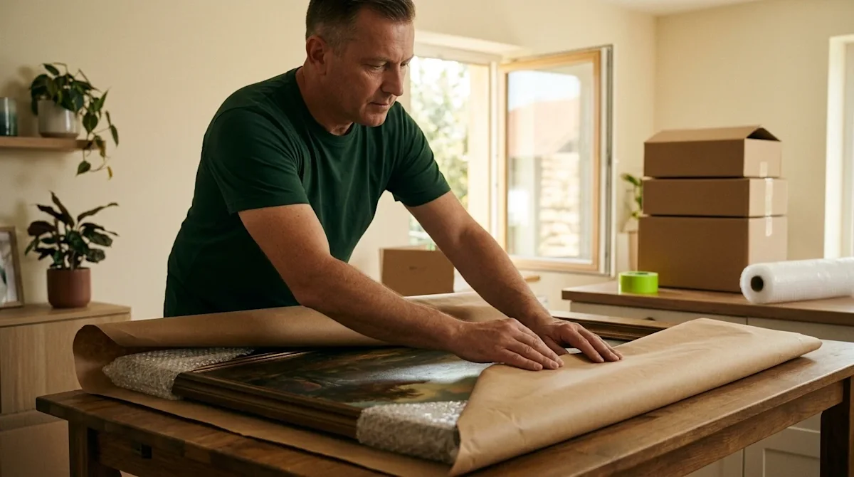 A professional mover carefully wrapping a large framed oil painting in thick brown packing paper and bubble wrap.