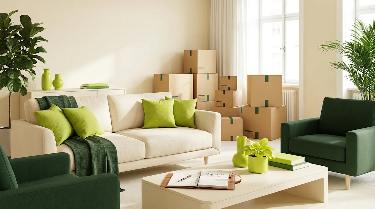 Bright living room with organized moving boxes, cream sofa, and green accents featuring a planning notebook on the table.