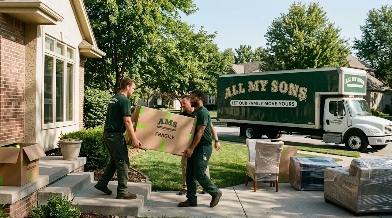 Candid, high-quality lifestyle photography of a full-service moving day at a welcoming suburban home in Omaha. Professional m