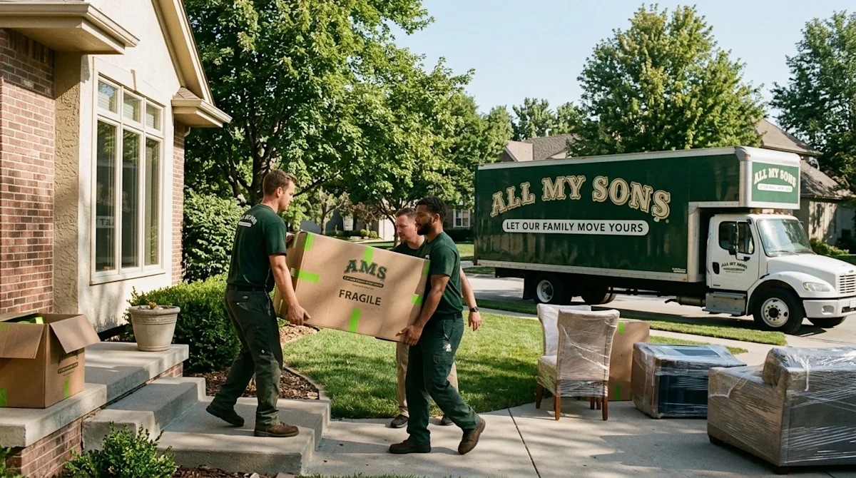 Candid, high-quality lifestyle photography of a full-service moving day at a welcoming suburban home in Omaha. Professional m