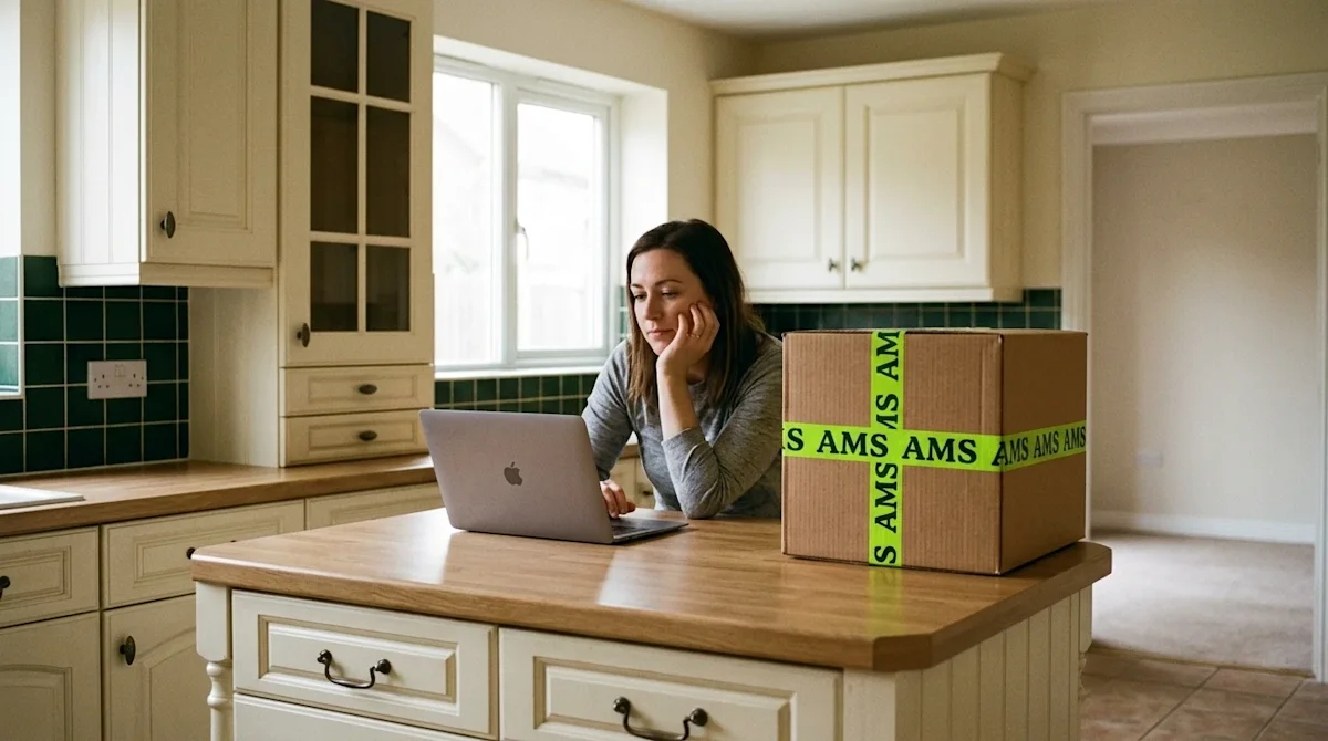 Candid, authentic photography of a contemplative homeowner sitting at their kitchen island, looking thoughtfully at a laptop