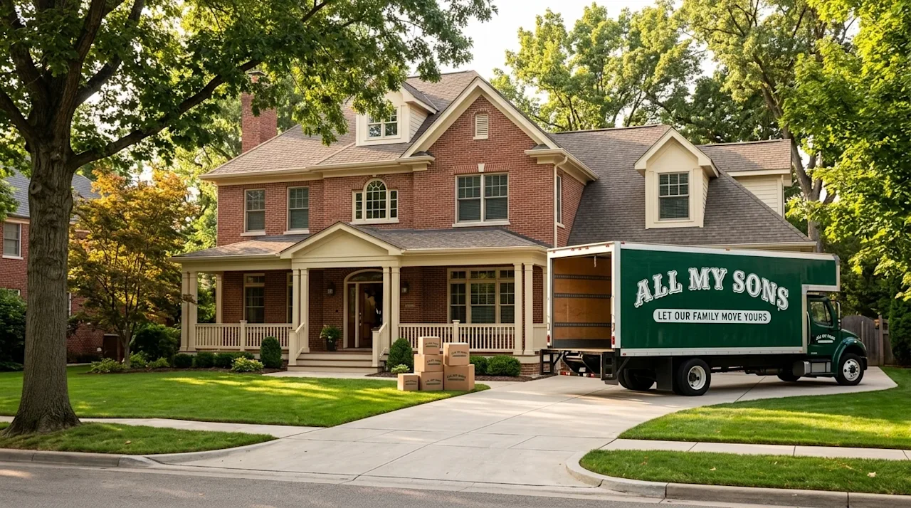 Bright, high-quality lifestyle photography of a picturesque, tree-lined residential neighborhood typical of Upper Arlington,