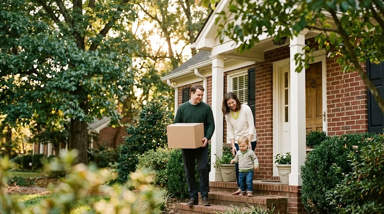 A candid, heartwarming photograph of a happy young family with a toddler standing on the welcoming front porch of a charming,