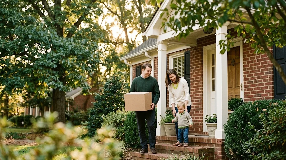 A candid, heartwarming photograph of a happy young family with a toddler standing on the welcoming front porch of a charming,