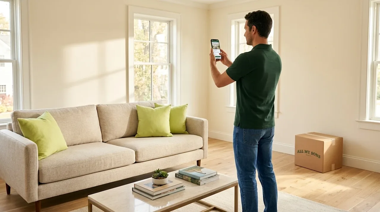 Professional marketing photography of a confident homeowner standing in a bright, beautifully staged living room, taking a pi