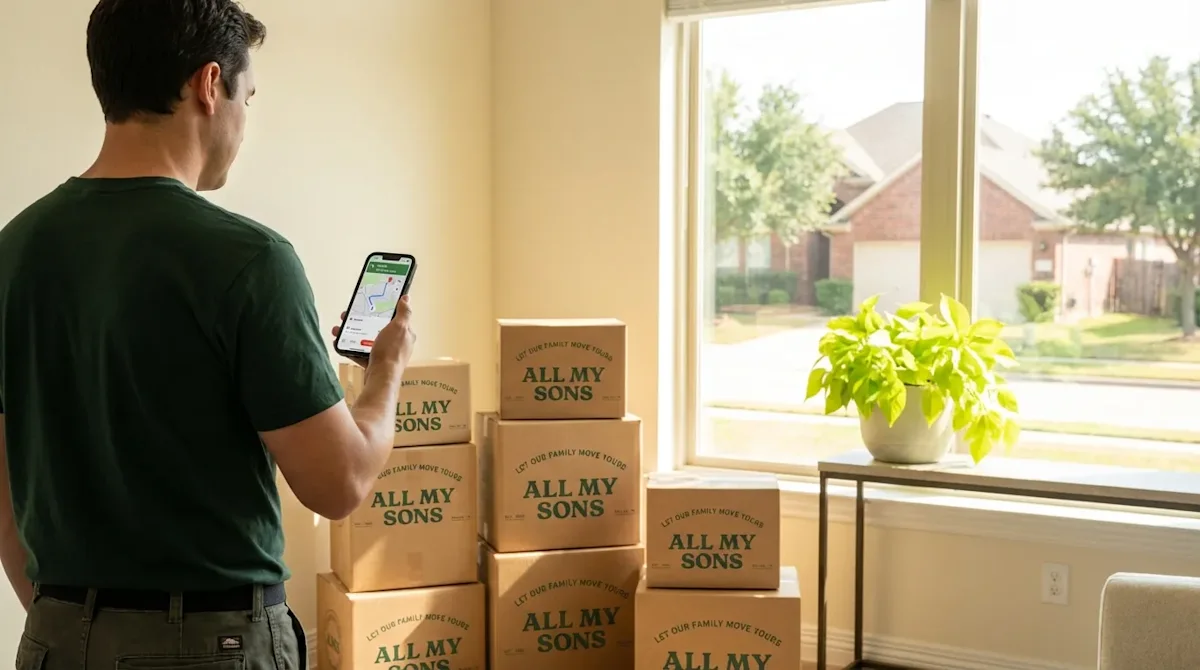 Man using a navigation app with All My Sons moving boxes in a bright Denton, Texas home.