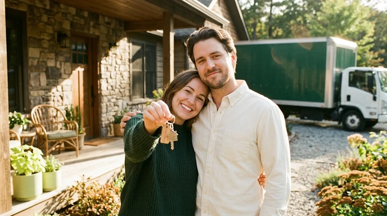 Candid lifestyle photography of a happy couple standing on the sunlit front porch of a beautiful, inviting vacation home, pro