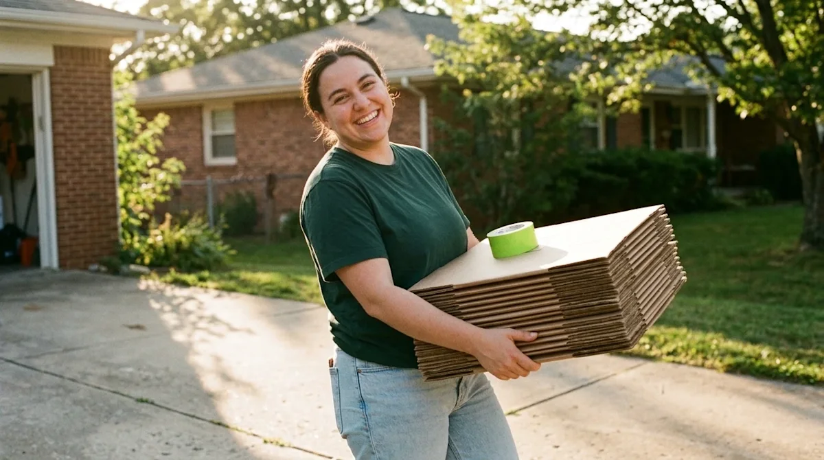 Candid lifestyle photography of a smiling person happily carrying a stack of clean, flattened kraft cardboard boxes in a sunl