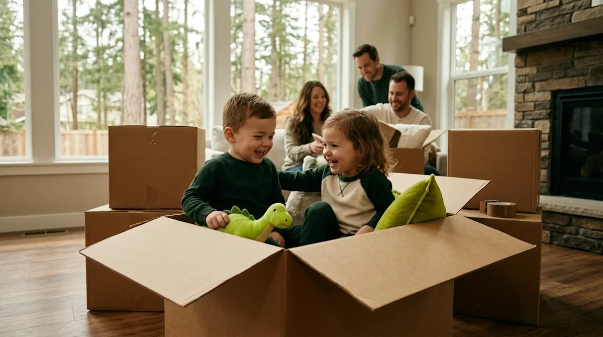 Candid lifestyle photography, shot with a warm, slightly nostalgic 35mm film aesthetic, of a family moving into a new home in