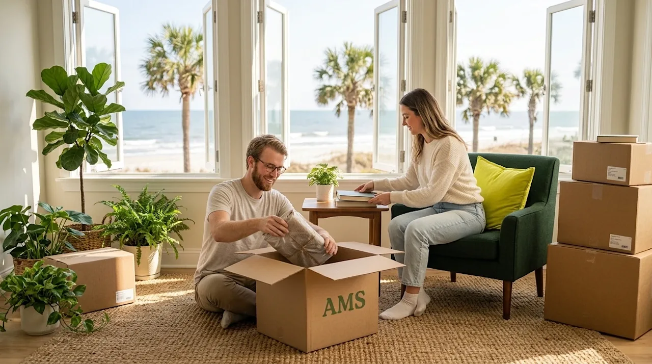 Candid lifestyle photography of a happy, relaxed couple unpacking a few clean kraft brown moving boxes in a bright, sunlit corner of their new house.