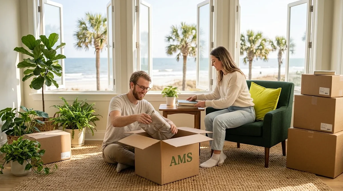 Candid lifestyle photography of a happy, relaxed couple unpacking a few clean kraft brown moving boxes in a bright, sunlit corner of their new house.