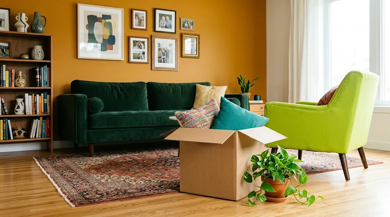 High-quality editorial lifestyle photography of an eclectic, vibrantly decorated living room demonstrating bold design choice