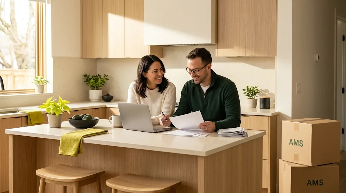 Clear, high-resolution professional marketing photography of a relieved and happy couple sitting at a modern kitchen island i